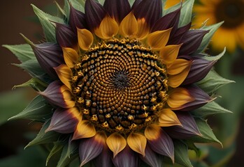 A sunflower's center shows dense seeds in a spiral pattern, generative AI
