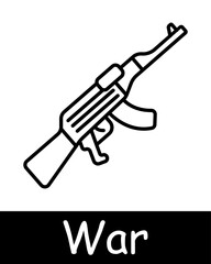 War set icon. AK, machine gun, automatic rifle, clip, rifle magazine, military, mercenary, operative, modern warfare, black lines on a white background. Weapon concept.