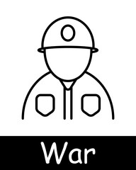War set icon. Warfare, arms, soldier, enlisted man, uniform, military, mercenary, operative, modern warfare, black lines on a white background. Weapon concept.