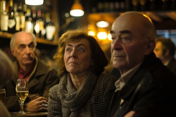 Mature couple sitting in a pub, looking at the camera.