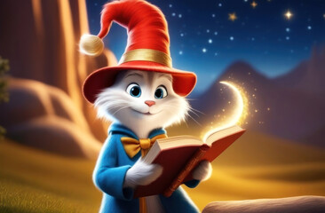 Enchanting animated cat in a red hat spreads magic dust while reading an ancient book