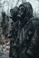 Two figures wearing gas masks and military gear. They are standing in a desolate, snowy area with trees in the background. The gear they are wearing includes bulletproof vests, gloves, and boots.