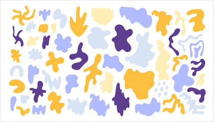 Minimal Colorful Abstract Shapes set. Hand drawn contemporary design elements. Various curvy spots blots stains. Amorphic wavy forms.