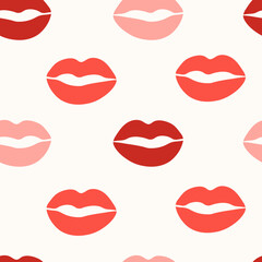 Red lipstick lip prints seamless pattern. Coquette female texture with kiss. Beauty fashion background for women. Repeat vector illustration