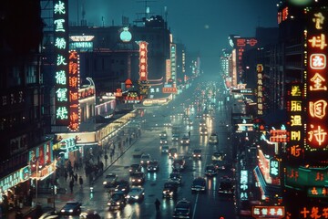 A bustling Asian city bathed in the glow of neon signs, panoramic view of streets teeming with activity