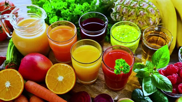 Glasses with fresh organic vegetable and fruit juices. Detox diet