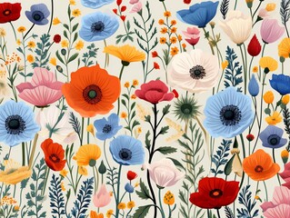 Bright meadow of wildflowers, mixed colors, highres vector, seamless pattern for children s textile and apparel ,  flat graphic drawing