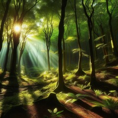 Sunlight filters through the leaves of the trees in a forest. Generative AI