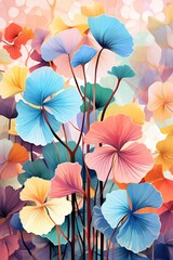 Obraz premium Patchwork of ginkgo leaves and hydrangeas on colorful abstract backgrounds, highres flat vector for paper art , vector and illustration