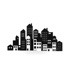 A black and white city skyline silhouette is shown against a white background.