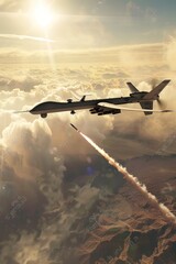 Naklejka premium A combat drone firing a missile a plume of smoke trailing as it streaks towards a ground target