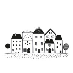 Black and white drawing of a row of houses on a hill on a white background.