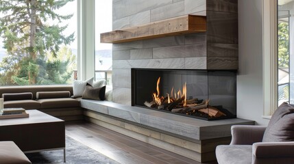 Obraz premium The unique mantel design features clean lines and geometric shapes adding to the overall modern feel of the fireplace. 2d flat cartoon.