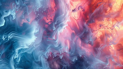 Abstract background of acrylic paint in red, blue and pink colors. Liquid marble texture. Fluid art.