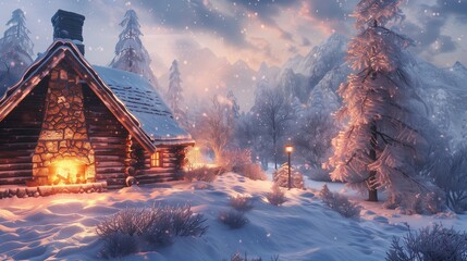 Cozy log cabin fireplace in a snowy landscape.