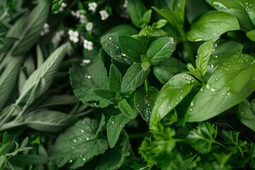 fresh herbs and flowers with drops of essential oils glistening on their leaves, emphasizing natural elements