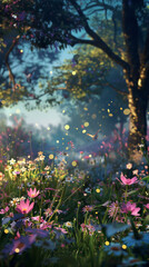 Enchanted Blossoms: A Field Aglow with Soft Lights. Generative AI