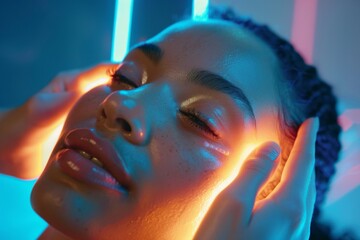 facial massage, a models face relaxes and glows as a professional applies pressure points