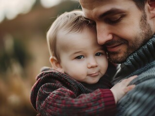 Obraz premium Close-up of father cuddling his little son