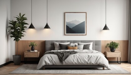 The interior of a modern bedroom, decorated with soft shades and luxurious textures.