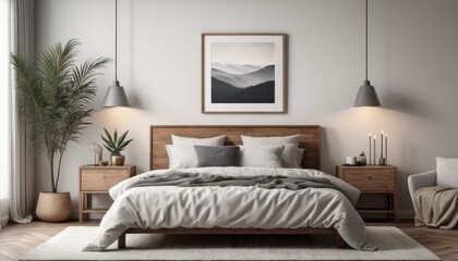 The interior of a modern bedroom, decorated with soft shades and luxurious textures.