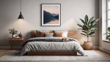 The interior of a modern bedroom, decorated with soft shades and luxurious textures.