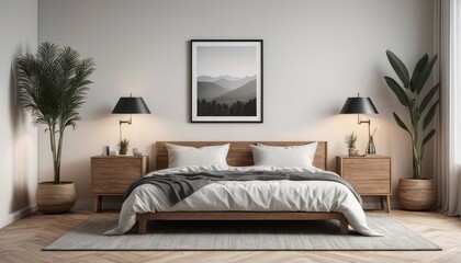 The interior of a modern bedroom, decorated with soft shades and luxurious textures.