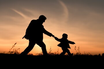A man and a child are running together in a field