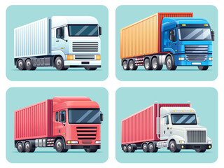 Trucks with trailers transport color set vector illustration