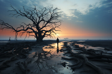 A lone figure stands near a leafless tree at dusk, reflecting in water amidst roots