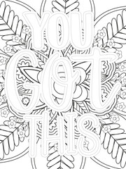 Keychain Quotes Flower Coloring Page Beautiful black and white illustration for adult coloring book