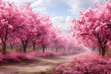 Fototapeta premium A Pink Forest Painting With Abundant Trees
