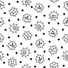 Viruses kawaii. Seamless pattern. Coloring Page. Cute cartoon characters of bacterial infection and microbe. Hand drawn style. Vector drawing. Design ornaments.