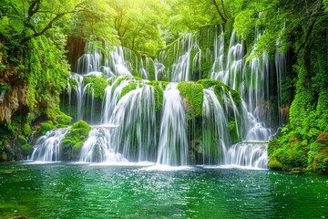 Naklejka premium A multi-tiered waterfall cascading through a lush rainforest, panoramic view capturing its full grandeur