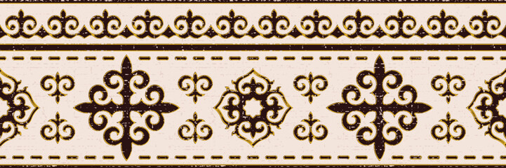 Ethnic seamless border on the theme of Kazakh national ornament, seamless pattern, vector design - obrazy, fototapety, plakaty
