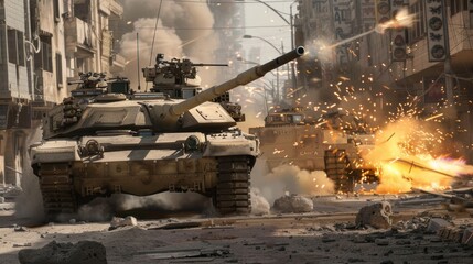 Obraz premium A photorealistic depiction of an Military tank M1 Abrams engaged in a close-quarters urban firefight Sparks fly as its turret swivels