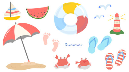 Cute hand-drawn illustration set with summer themes, watermelon, swim ring, beach sandals / 夏をイメージしたかわいい手描きのイラストセット、スイカ、浮き輪、ビーチサンダル