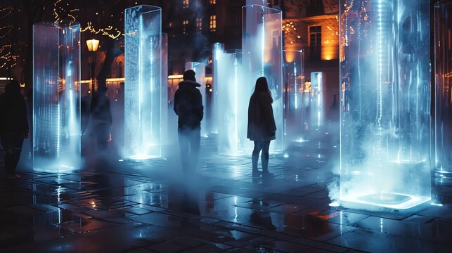 Teleportation Devices in Public Squares, People Teleporting in and out with Dynamic Light Effects