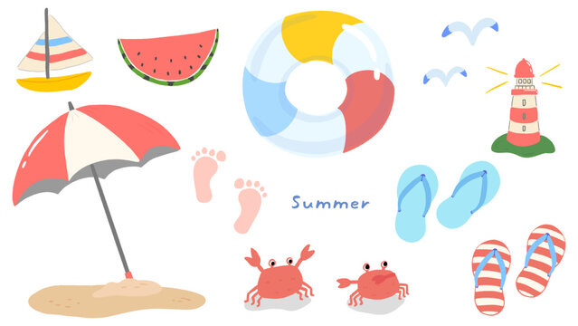 Cute hand-drawn illustration set with summer themes, watermelon, swim ring, beach sandals / 夏をイメージしたかわいい手描きのイラストセット、スイカ、浮き輪、ビーチサンダル
