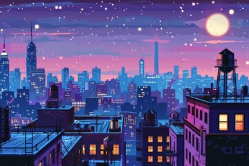 A pop art rooftop view of a city at night, twinkling lights, bold outlines, and a stylized water tower