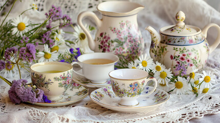 There is a floral tea set on a white tablecloth. There are chamomile and lavender flowers scattered around the table.

