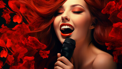 A woman with red hair singing into a microphone