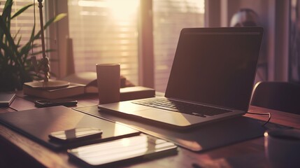 Neatly arranged morning light business office table with laptop, mobile phone and mouse and green plants