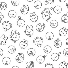 Cute kawaii soap bubble character. Seamless pattern. Coloring Page. Circle shape child bath mascot with face. Hand drawn style. Vector drawing. Design ornaments.
