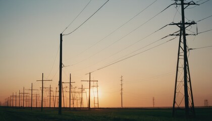 Fototapeta premium Electric poles. Power shortage and increased energy consumption. Energy development and energy crisis