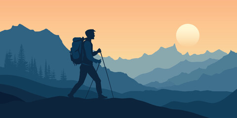 A hiker with a backpack against the background of the mountains, adventure tourism and travel, vector illustration	