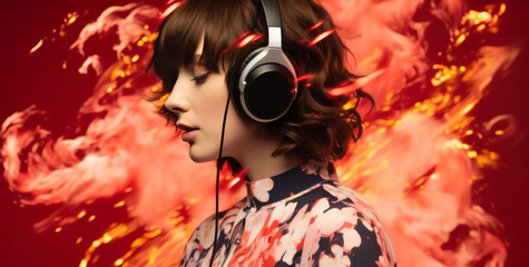 Obraz premium A woman wearing headphones is shown in a red background