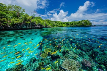 A vibrant coral reef teeming with colorful fish, visible from above through the crystal-clear turquoise water