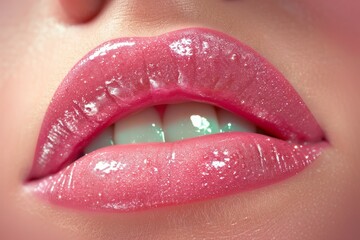 A woman's lips are painted pink and blue