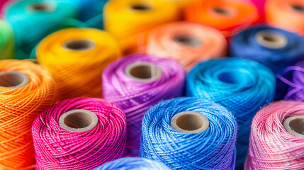 Closeup view of different colorful sewing threads